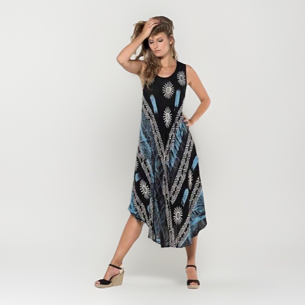 Coline Black Blue Tribal Sunburst Sharkbite Hem Midi Dress One Size Resortwear